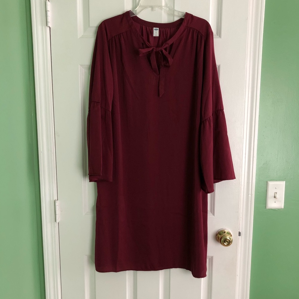 Burgundy shift dress with bell sleeves